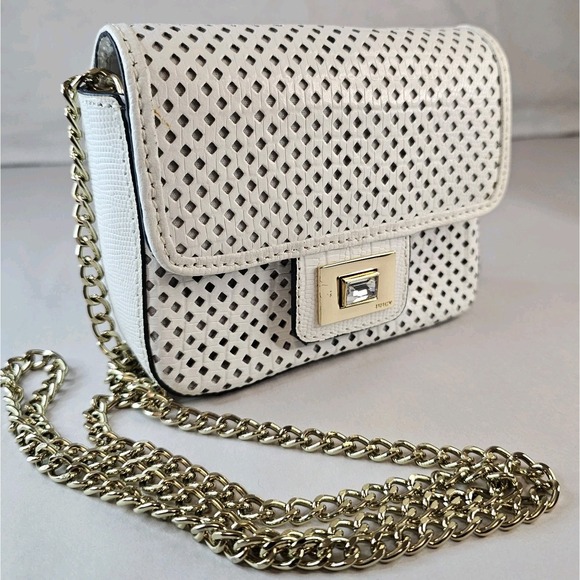Juicy Couture White Perforated‎ Chain Crossbody Bag Rhinestone Turn Lock Gold - Picture 4 of 16